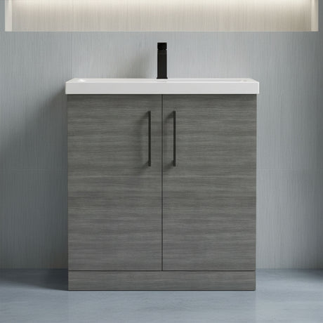 [BALARN505AH018] Balterley Level Contemporary Bathroom Floor Standing 2-Door Vanity Unit & Mid-Edge Basin, Anthracite Woodgrain, 800mm - Silo