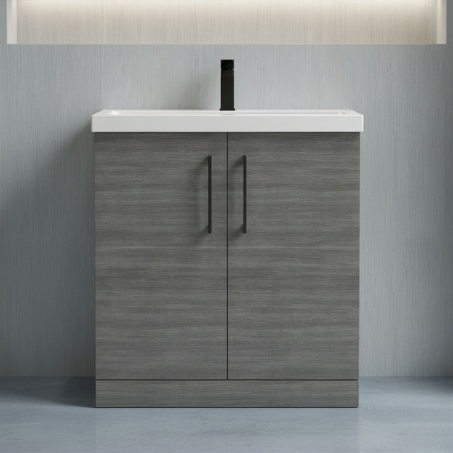 [BALARN505AH018] Balterley Level Contemporary Bathroom Floor Standing 2-Door Vanity Unit & Mid-Edge Basin, Anthracite Woodgrain, 800mm - Silo