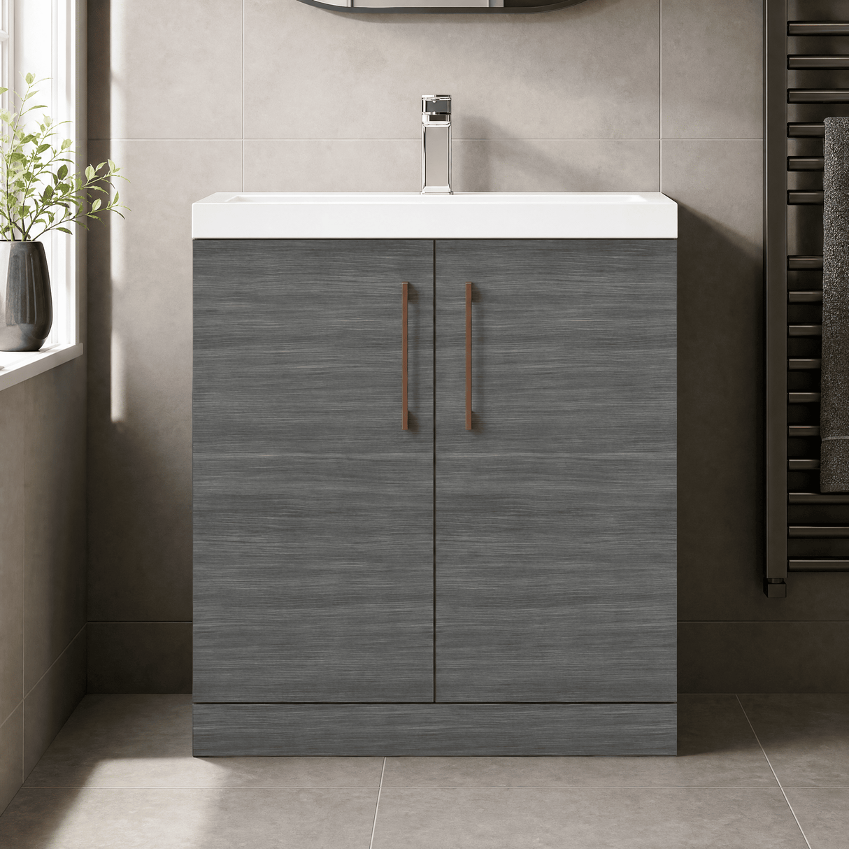 [BALARN505AH019] Balterley Level Contemporary Bathroom Floor Standing 2-Door Vanity Unit & Mid-Edge Basin, Anthracite Woodgrain, 800mm - Lifestyle 1