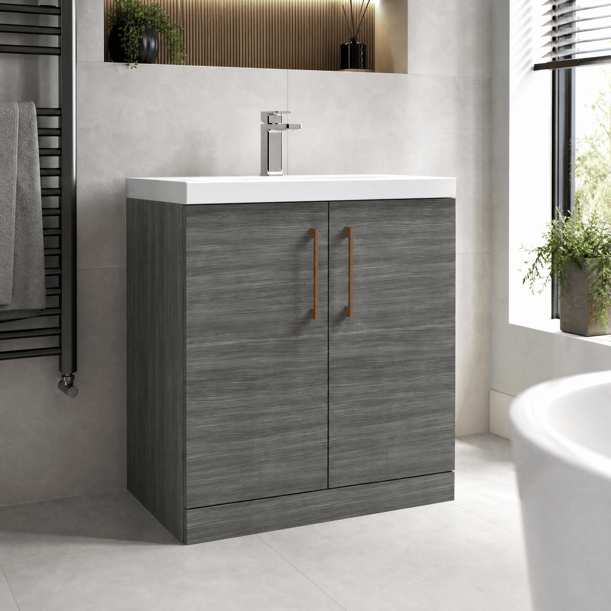 [BALARN505AH019] Balterley Level Contemporary Bathroom Floor Standing 2-Door Vanity Unit & Mid-Edge Basin, Anthracite Woodgrain, 800mm - Lifestyle 3