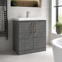 [BALARN505AH019] Balterley Level Contemporary Bathroom Floor Standing 2-Door Vanity Unit & Mid-Edge Basin, Anthracite Woodgrain, 800mm - Lifestyle 3