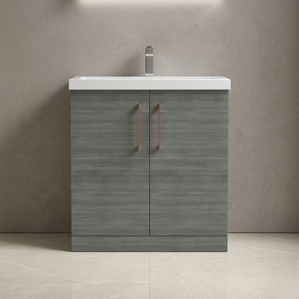[BALARN505AH019] Balterley Level Contemporary Bathroom Floor Standing 2-Door Vanity Unit & Mid-Edge Basin, Anthracite Woodgrain, 800mm - Silo