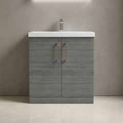 [BALARN505AH019] Balterley Level Contemporary Bathroom Floor Standing 2-Door Vanity Unit & Mid-Edge Basin, Anthracite Woodgrain, 800mm - Silo