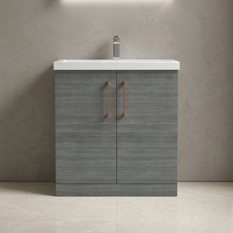 [BALARN505AH019] Balterley Level Contemporary Bathroom Floor Standing 2-Door Vanity Unit & Mid-Edge Basin, Anthracite Woodgrain, 800mm - Silo