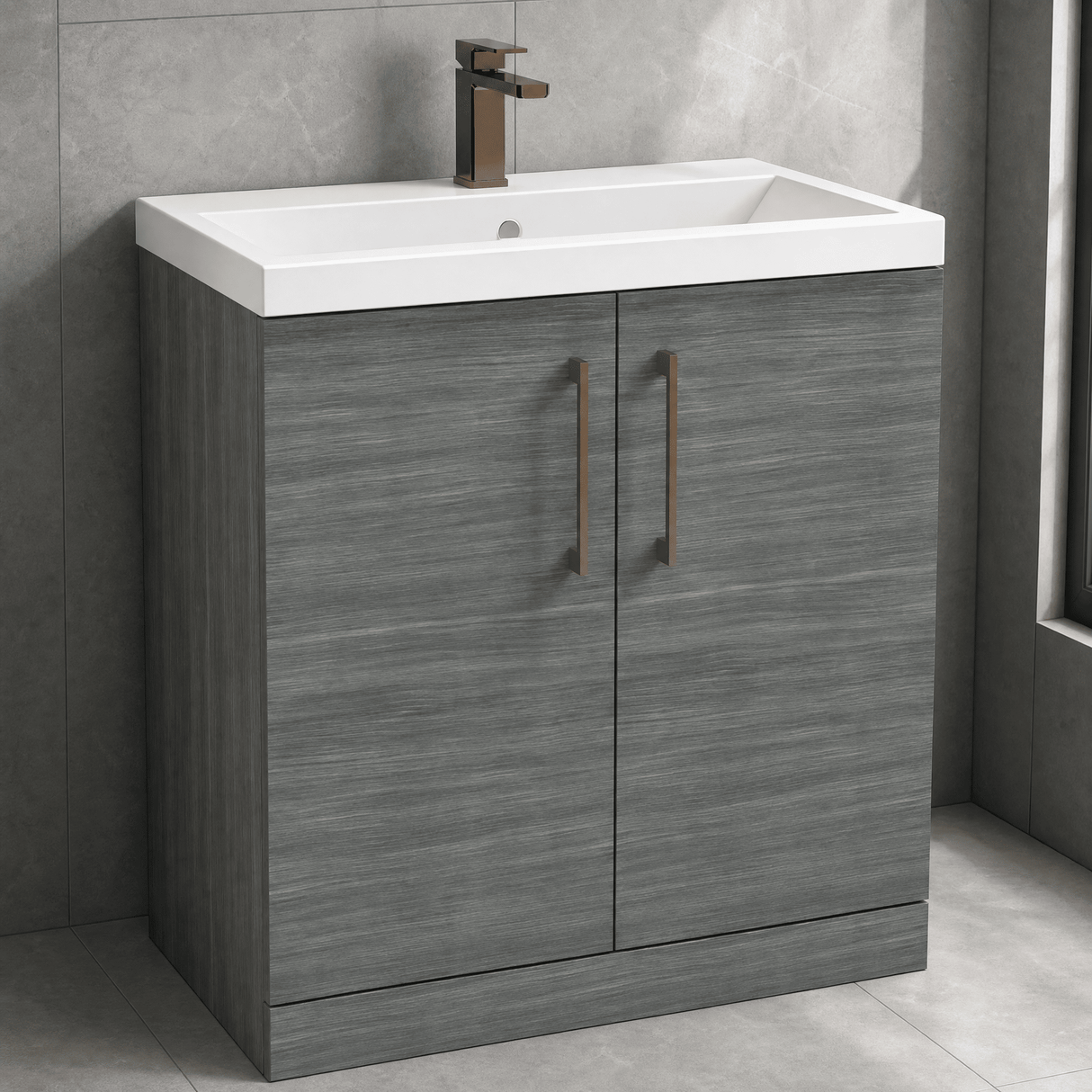[BALARN505AH1516] Balterley Level Contemporary Bathroom Floor Standing 2-Door Vanity Unit & Mid-Edge Basin, Anthracite Woodgrain, 800mm - Lifestyle 2