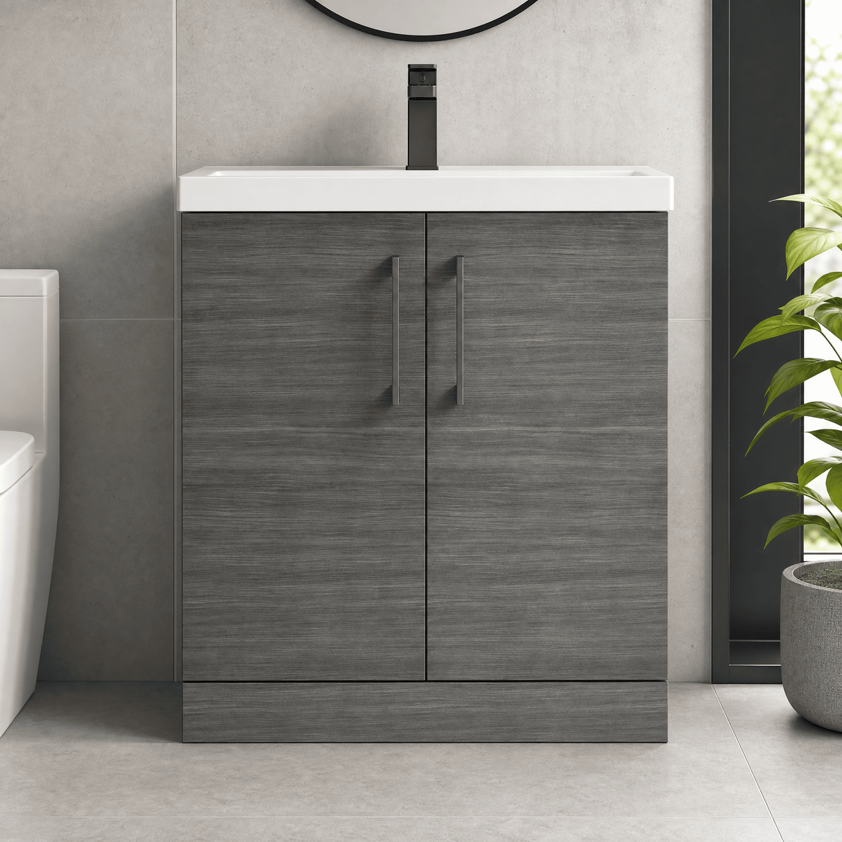 [BALARN505AH716] Balterley Level Contemporary Bathroom Floor Standing 2-Door Vanity Unit & Mid-Edge Basin, Anthracite Woodgrain, 800mm - Lifestyle 1