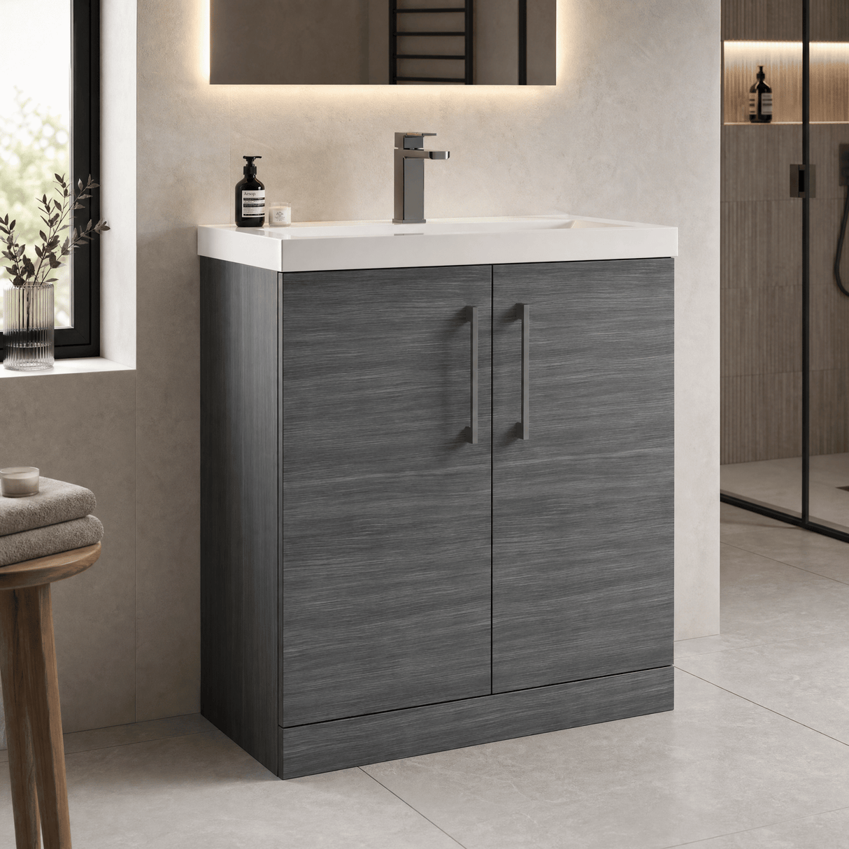[BALARN505AH716] Balterley Level Contemporary Bathroom Floor Standing 2-Door Vanity Unit & Mid-Edge Basin, Anthracite Woodgrain, 800mm - Lifestyle 3