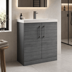 [BALARN505AH716] Balterley Level Contemporary Bathroom Floor Standing 2-Door Vanity Unit & Mid-Edge Basin, Anthracite Woodgrain, 800mm - Lifestyle 3