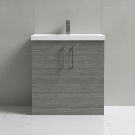 [BALARN505AH716] Balterley Level Contemporary Bathroom Floor Standing 2-Door Vanity Unit & Mid-Edge Basin, Anthracite Woodgrain, 800mm - Silo