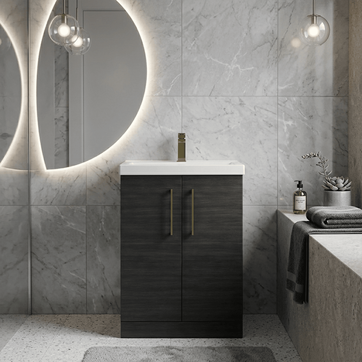 [BALARN603AH017] Bramshall Floor Standing 2 Door Vanity Basin Unit with Mid-Edge Basin, 600mm, Choice of Colour and Handle Finish - Lifestyle 1