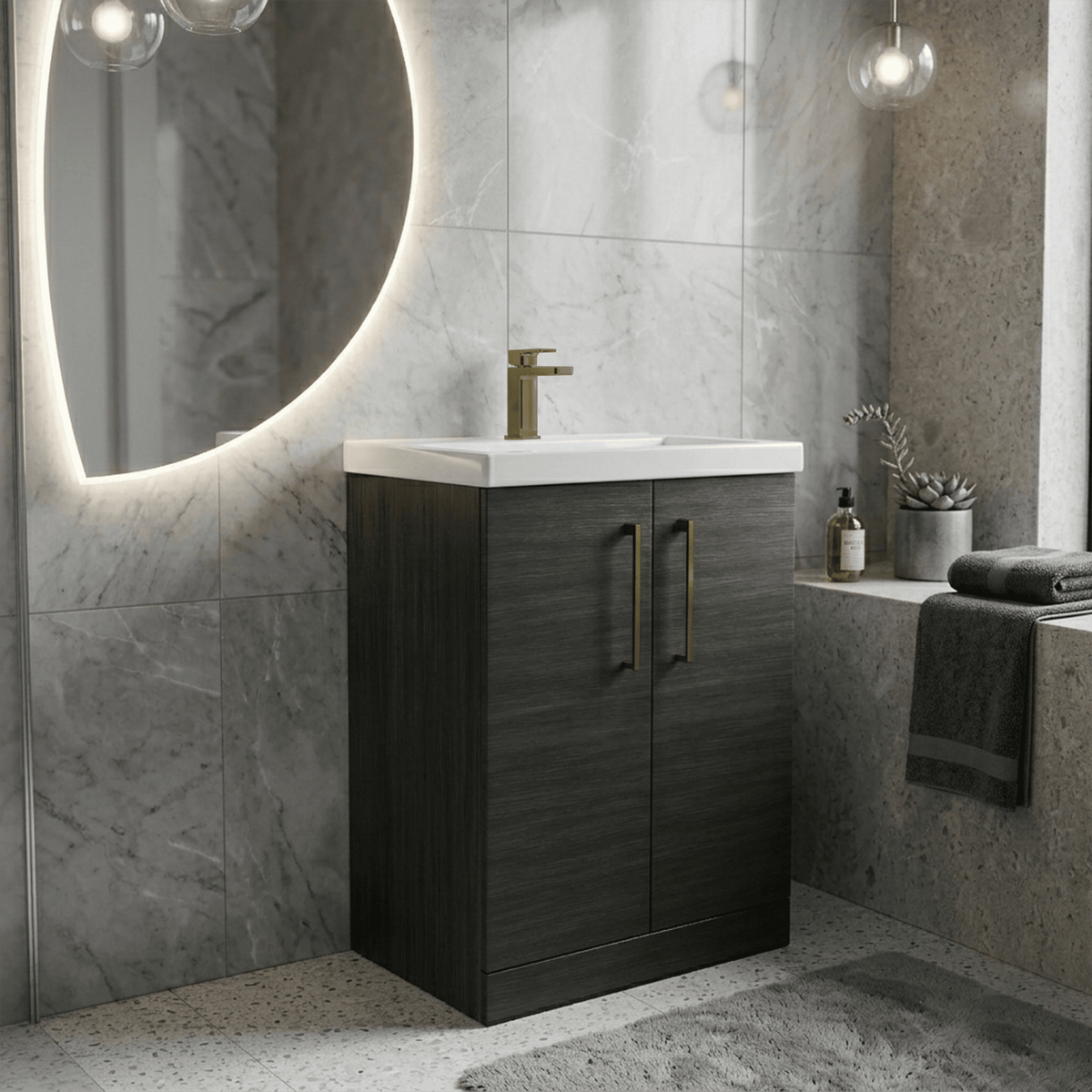 [BALARN603AH017] Bramshall Floor Standing 2 Door Vanity Basin Unit with Mid-Edge Basin, 600mm, Choice of Colour and Handle Finish - Lifestyle 2