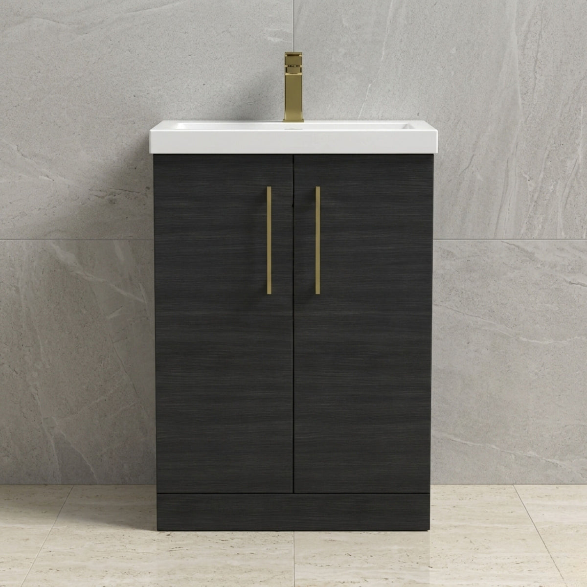 [BALARN603AH017] Bramshall Floor Standing 2 Door Vanity Basin Unit with Mid-Edge Basin, 600mm, Choice of Colour and Handle Finish - Studio Shot