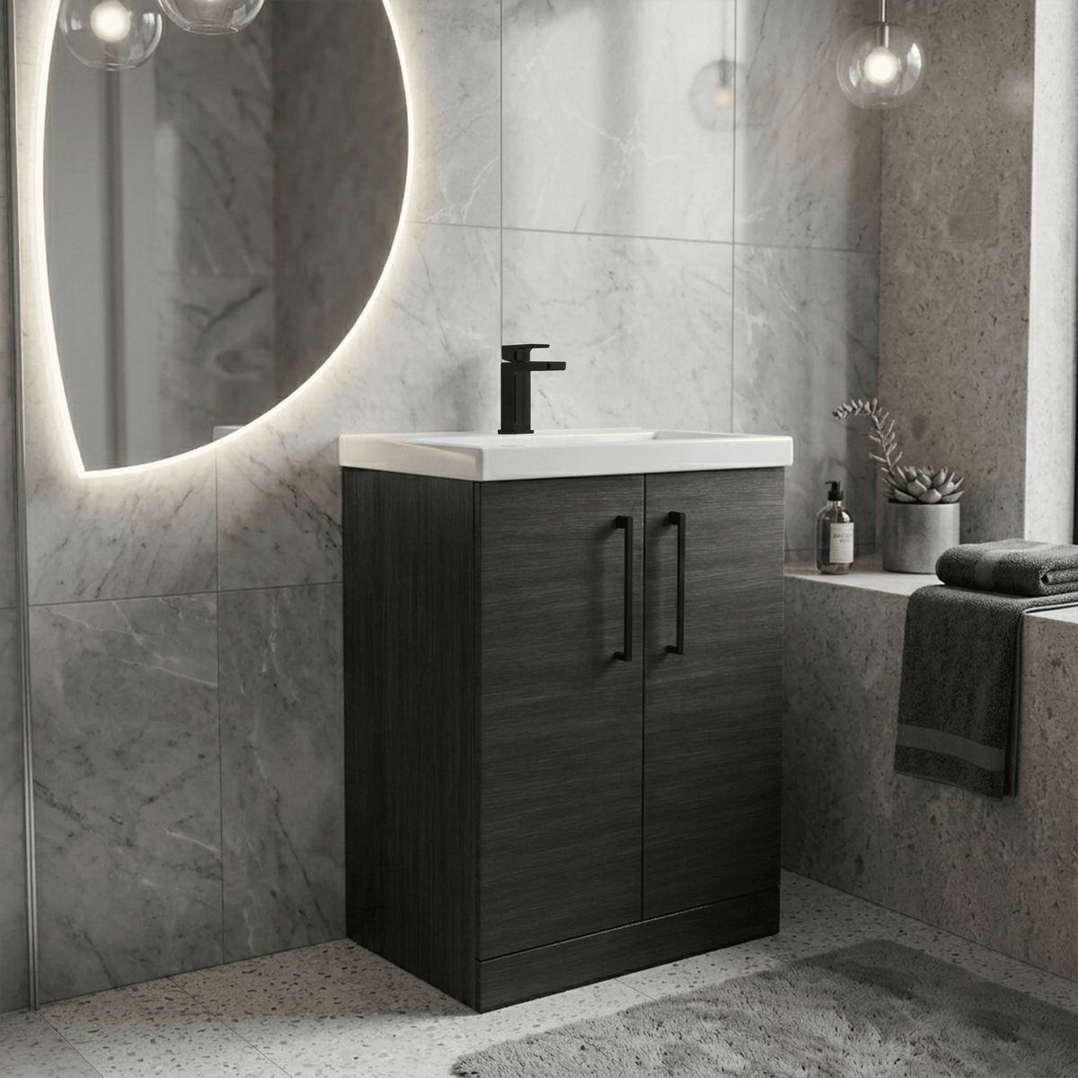[BALARN603AH018] Bramshall Floor Standing 2 Door Vanity Basin Unit with Mid-Edge Basin, 600mm, Choice of Colour and Handle Finish - Lifestyle 2