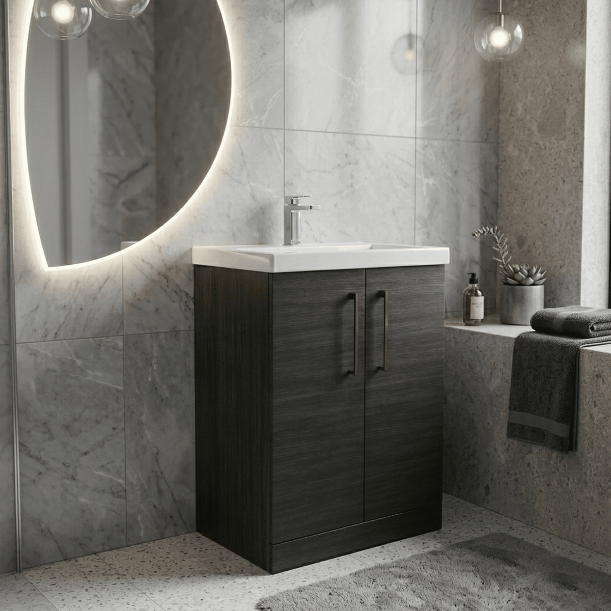 [BALARN603AH019] Bramshall Floor Standing 2 Door Vanity Basin Unit with Mid-Edge Basin, 600mm, Choice of Colour and Handle Finish - Lifestyle 2
