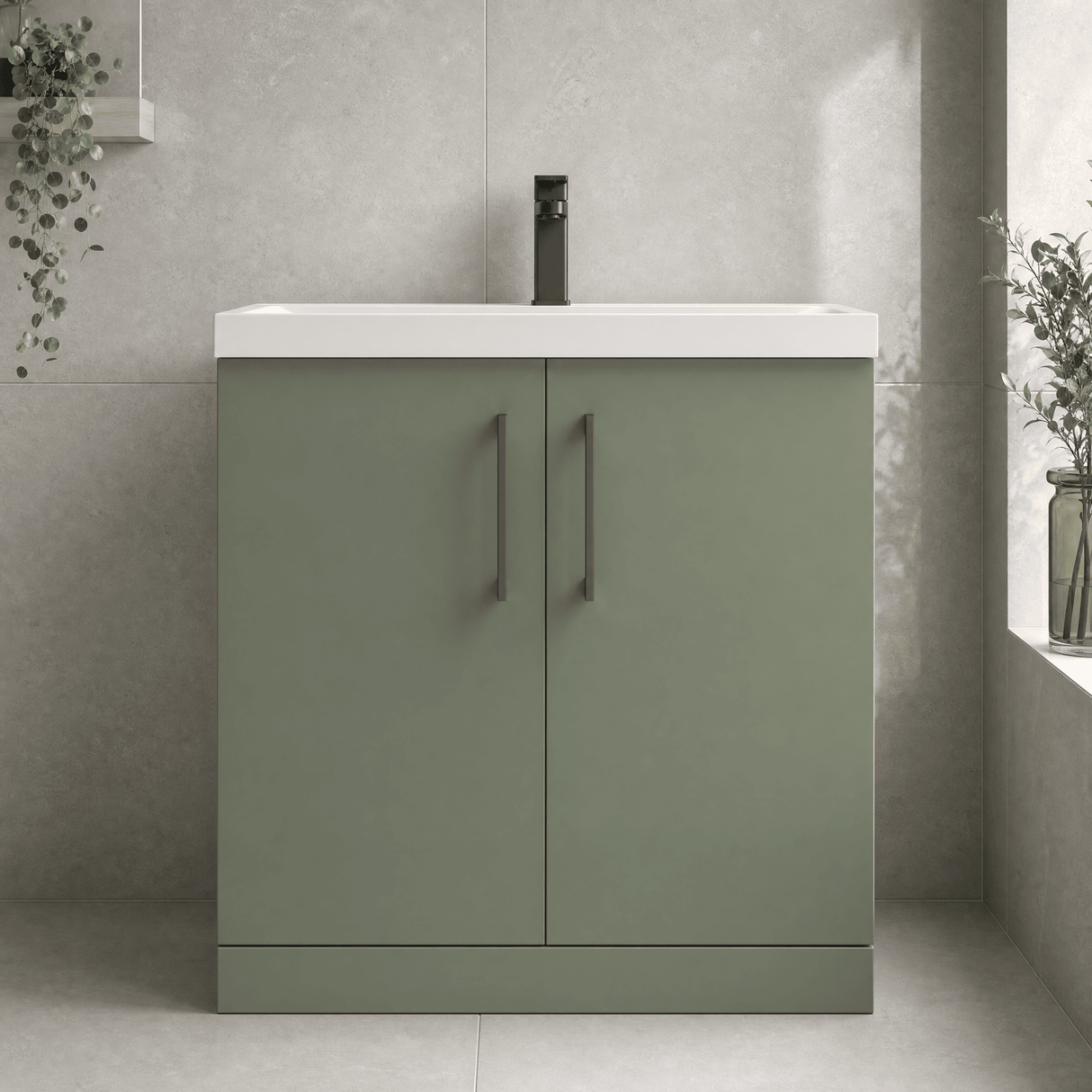 [BALARN805AH716] Balterley Level Contemporary Bathroom Floor Standing 2-Door Vanity Unit & Mid-Edge Basin, Satin Green, 800mm - Lifestyle 1