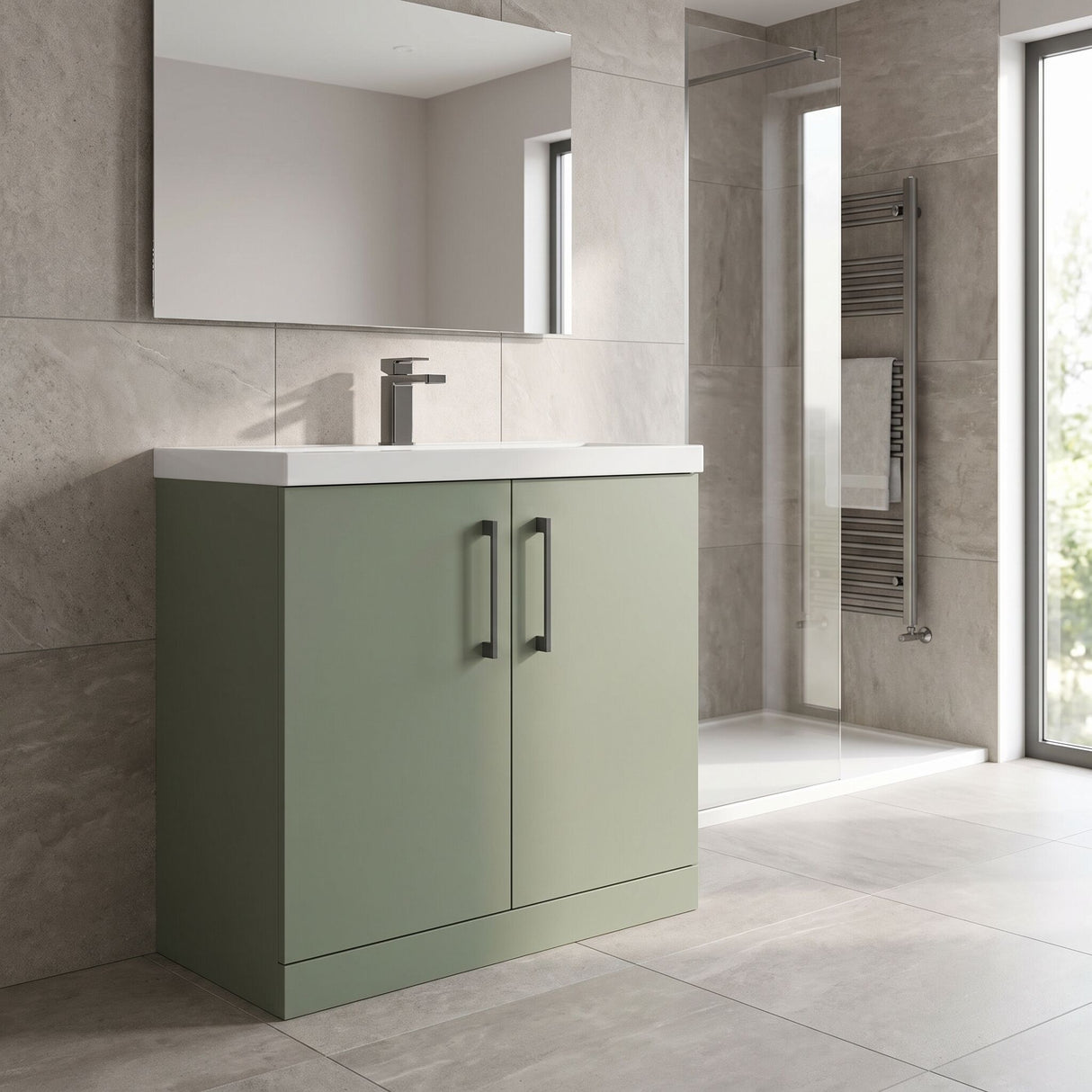 [BALARN805AH716] Balterley Level Contemporary Bathroom Floor Standing 2-Door Vanity Unit & Mid-Edge Basin, Satin Green, 800mm - Lifestyle 3
