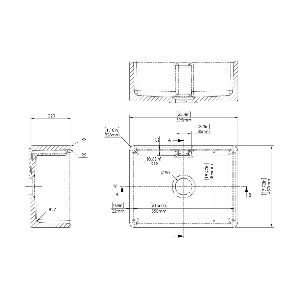 [BALBE13024] Belfast Sink C/W O/F 595x450x220 90W - Technical Drawing