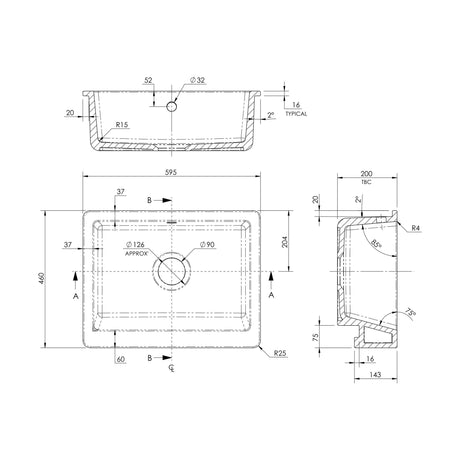 [BALBU19124] Butler Over Mount Sink O/F 595x460x200 - Technical Drawing