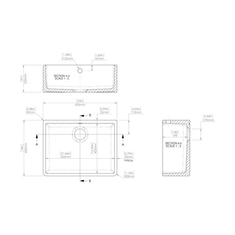[BALBUSB10024] Butler Sink Square Back 595x450x220 - Technical Drawing