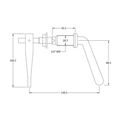 [BALE355] Balterley Universal Metal Toilet Cistern Lever, Solid Brass Flush Handle Replacement - Chrome Finish - Technical Drawing