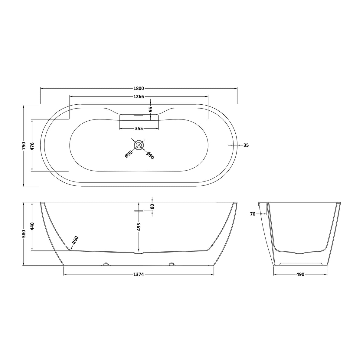 Round Freestanding Boat Bath, White, Choice of Size