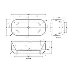 [BALNFB112] Balterley Soft Square Freestanding Bath - 1700 x 800 x 600 mm Double-Ended Acrylic Bath with Chrome Waste - Technical Drawing