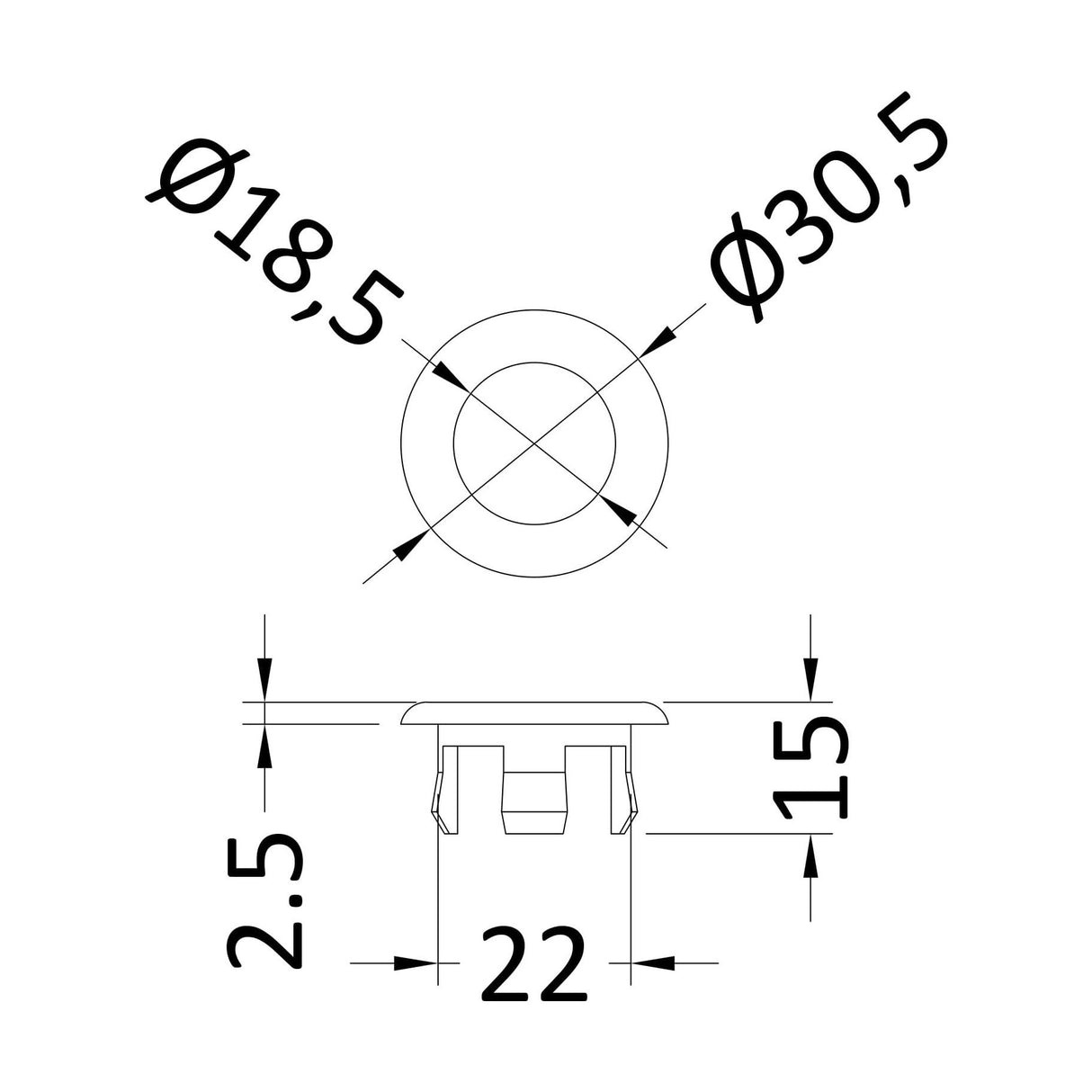 [BAOF01] Contemporary Ceramic Accessories Modern Round Basin Overflow Cover - Technical Drawing