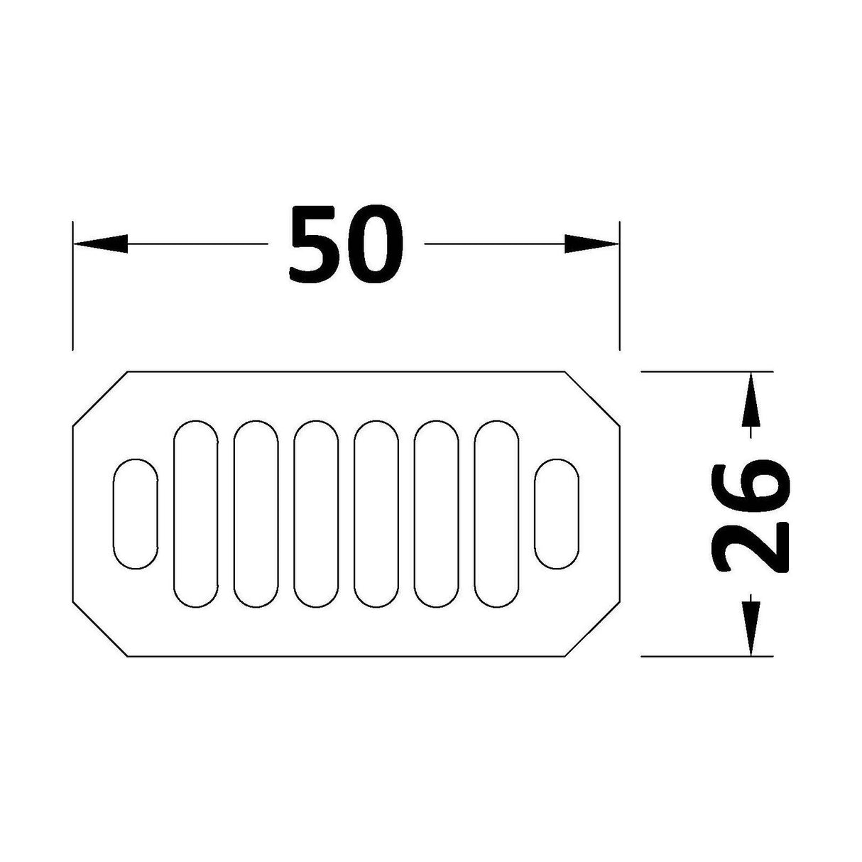 [BAOF02C] Ceramic Accessories Traditional Grill Overflow Cover - 26mm x 50mm - Matt Black - Technical Drawing