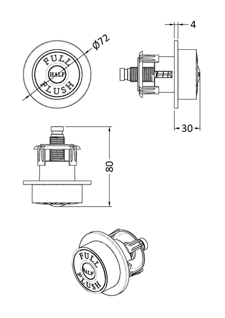 [BAPB01] Traditional Dual Flush Push Button, Choice of Colour - Line Drawing
