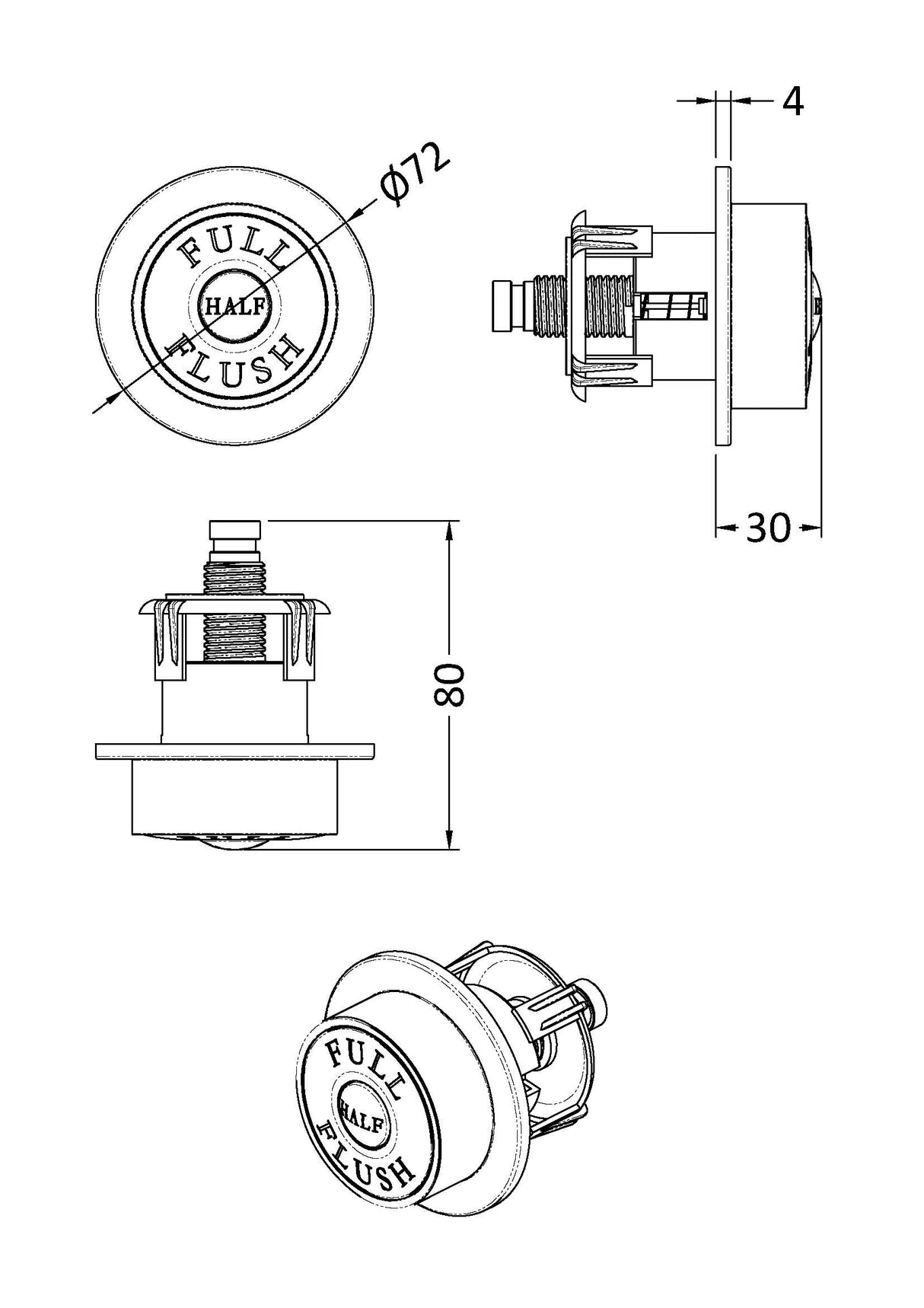 [BAPB02] Traditional Dual Flush Push Button, Choice of Colour - Line Drawing