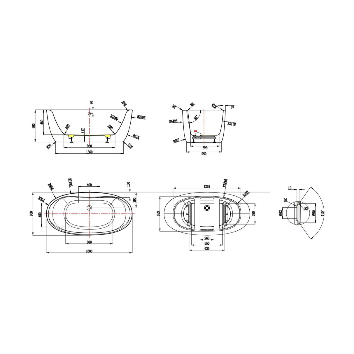 [BAS001S] Balterley 1600mm Freestanding Bath - Technical Drawing