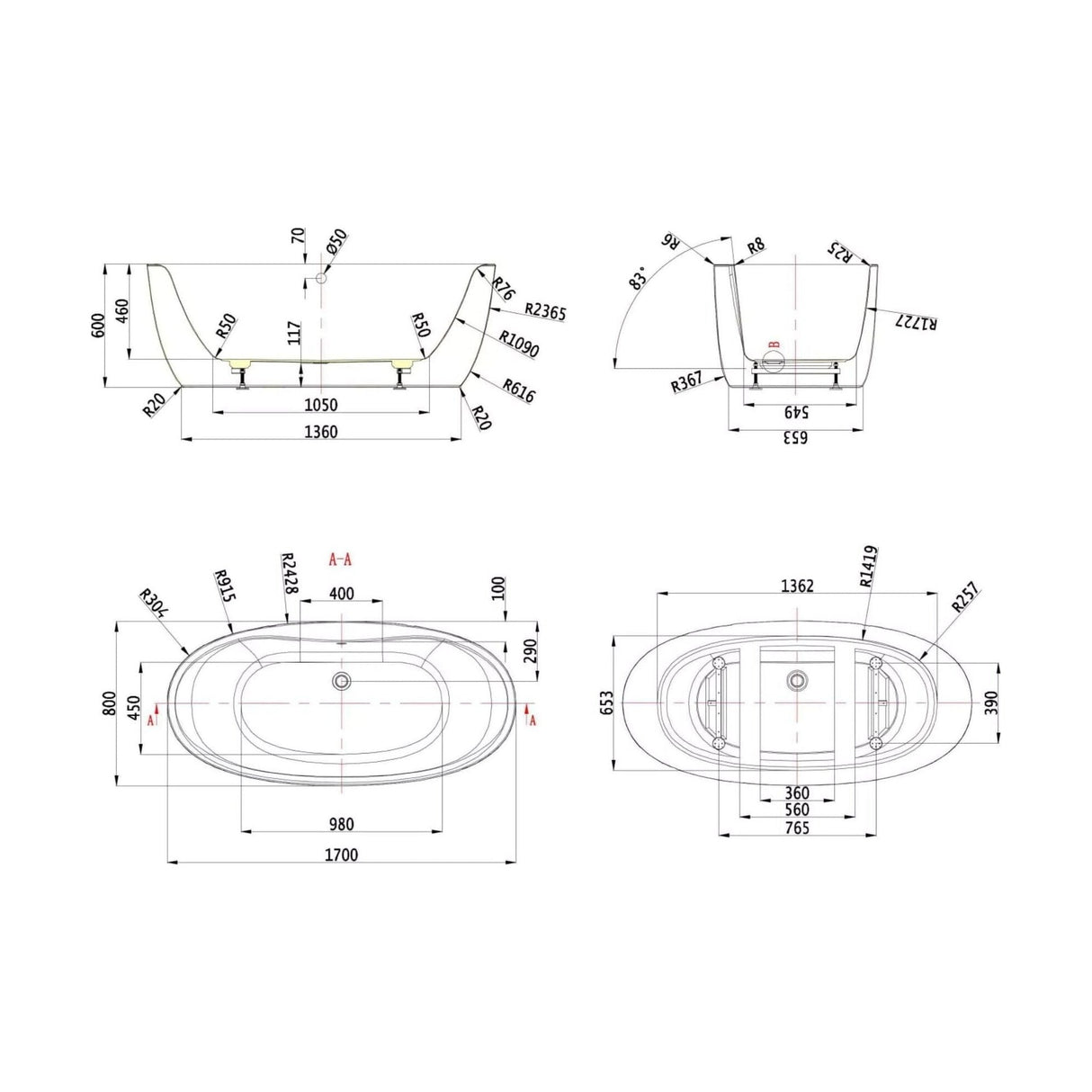 [BAS002S] Balterley 1700mm Freestanding Bath - Technical Drawing