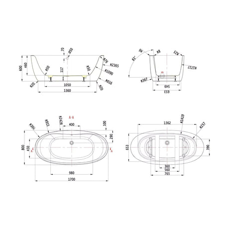 [BAS002S] Balterley 1700mm Freestanding Bath - Technical Drawing