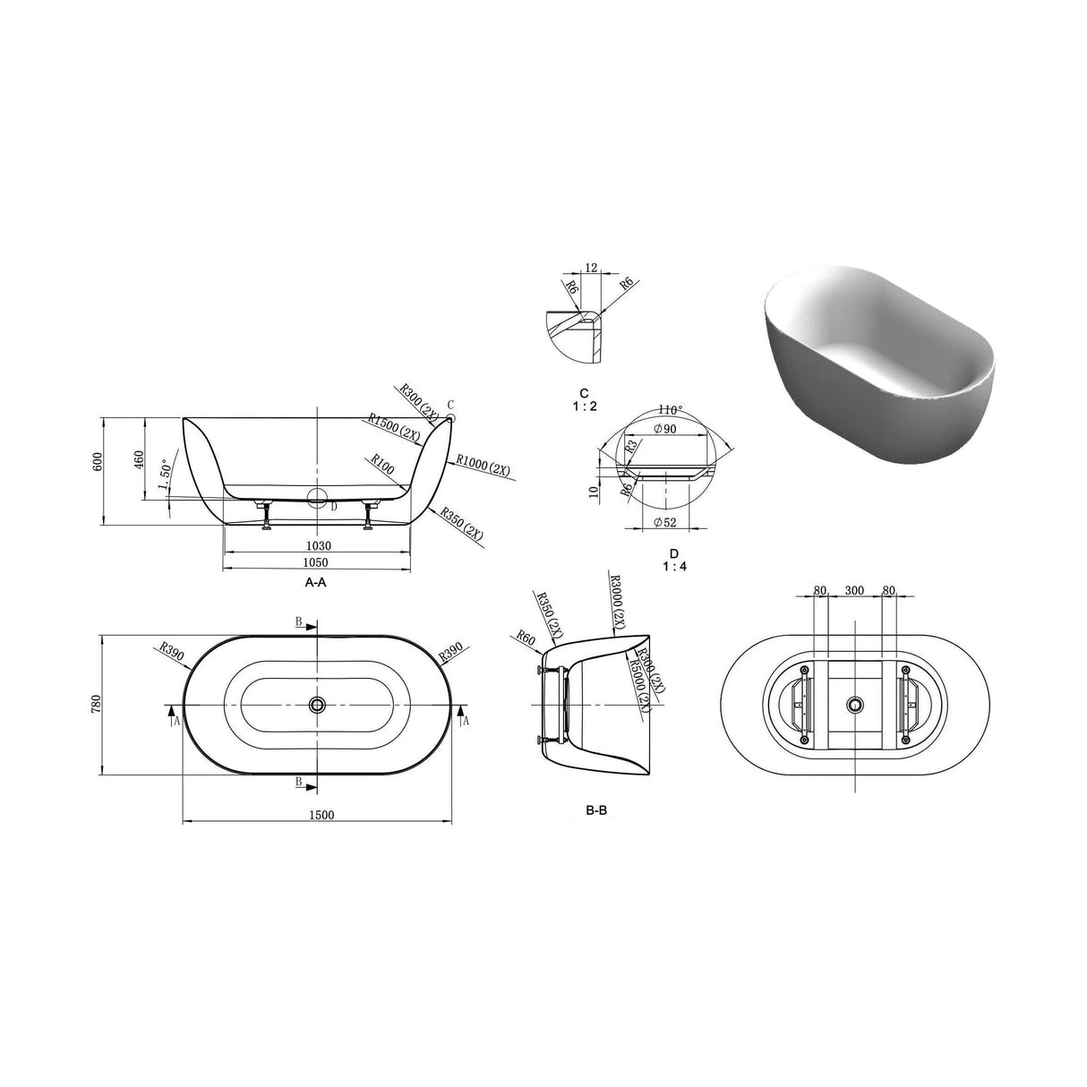 [BAS012S] Balterley  1500mm Freestanding Bath With Waste - Technical Drawing