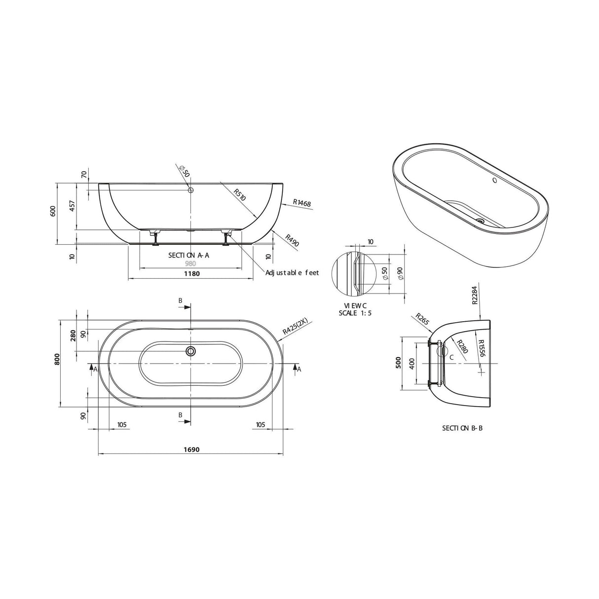 [BAS019S] Balterley 1690mm Freestanding Bath With Waste - Technical Drawing