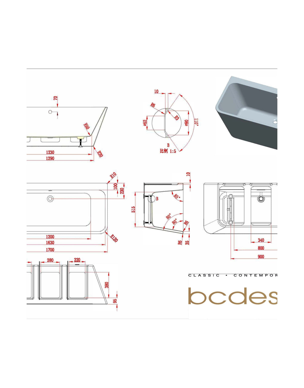 [BAS025S] 1700mm Back To Wall Bath With Waste - Technical Drawing