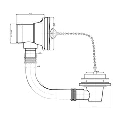 [BASB309] Balterley Bath Waste with Overflow & Poly Plug Chain, Fits Baths up to 5mm, Durable Design, 70mm x 76mm - Chrome - Technical Drawing