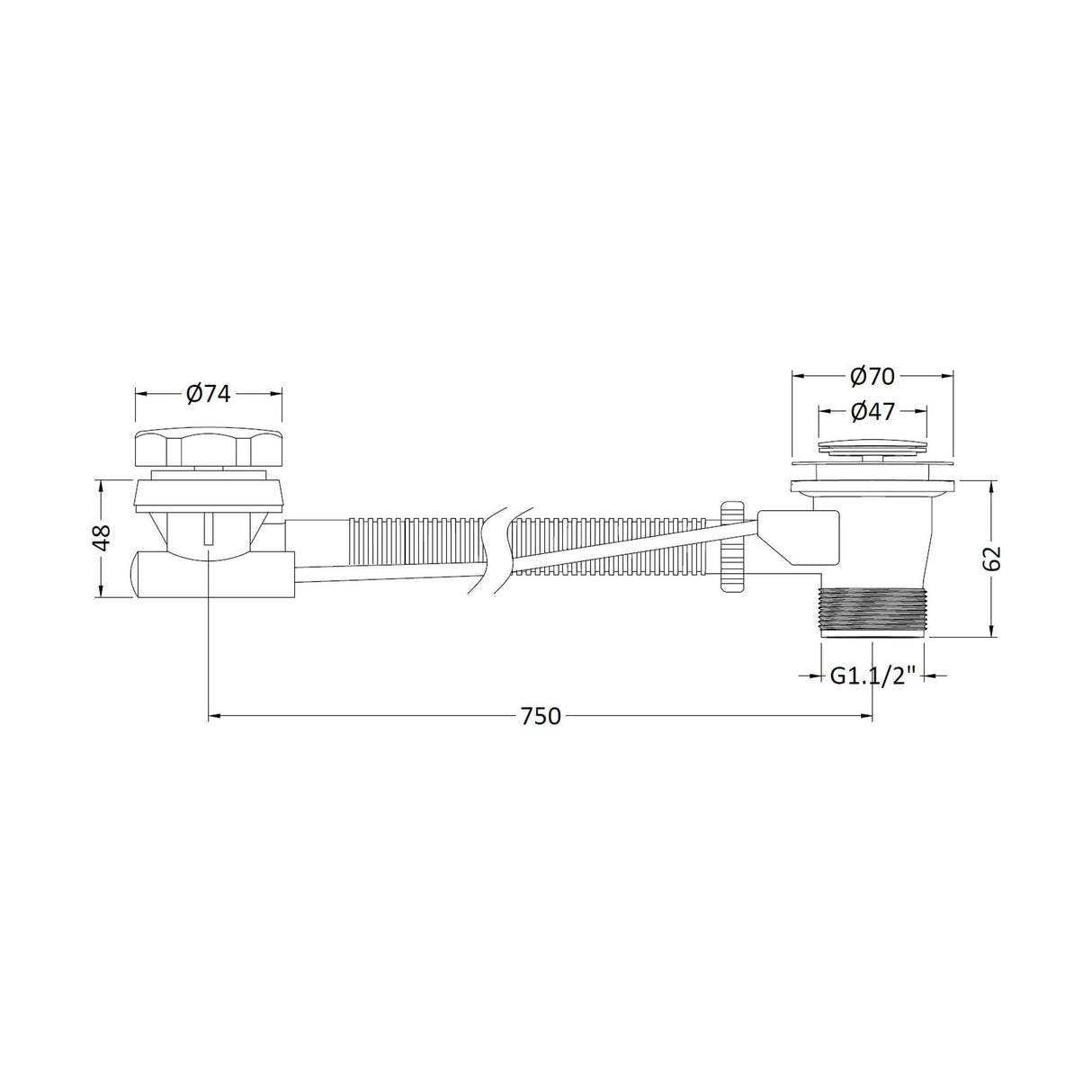 [BASB333] Extended Pop Up Bath Waste & Overflow for Baths up to 10mm Thick - Chrome - Technical Drawing