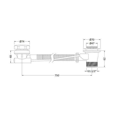 [BASB333] Extended Pop Up Bath Waste & Overflow for Baths up to 10mm Thick - Chrome - Technical Drawing