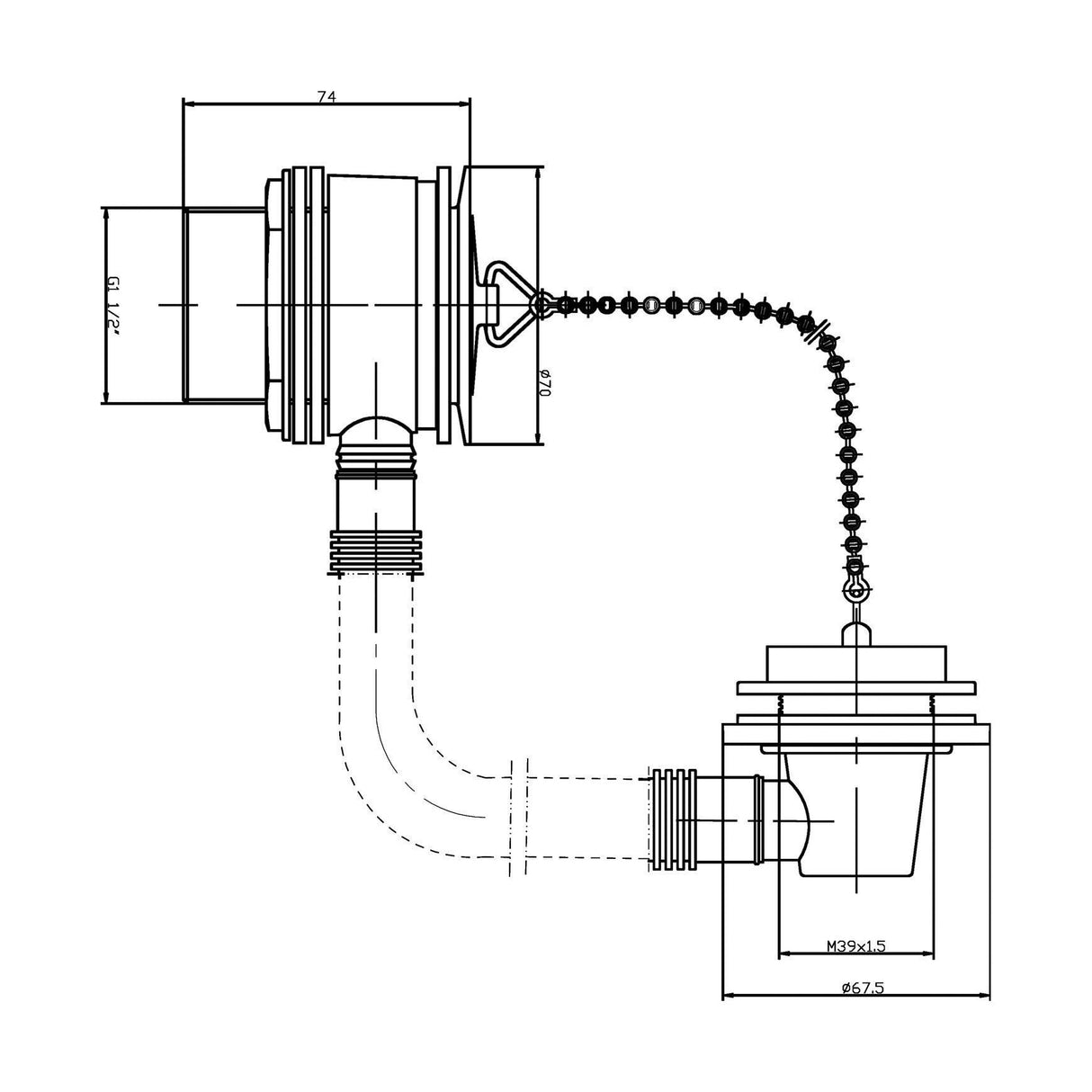 [BASB345] Balterley Bath Waste with Overflow, Brass Plug and Ball Chain, for Baths up to 5mm - Chrome - Technical Drawing