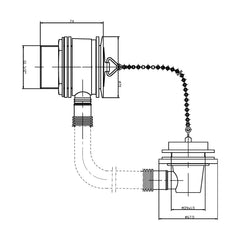 [BASB345] Balterley Bath Waste with Overflow, Brass Plug and Ball Chain, for Baths up to 5mm - Chrome - Technical Drawing