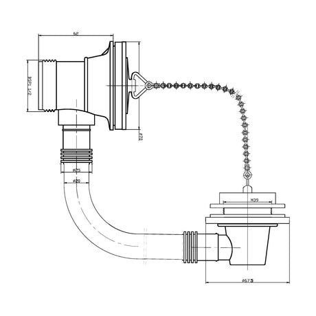 [BASB396] Balterley Bath Waste with Overflow, Poly Plug & Ball Chain, for Baths up to 5mm - Chrome Finish - Technical Drawing