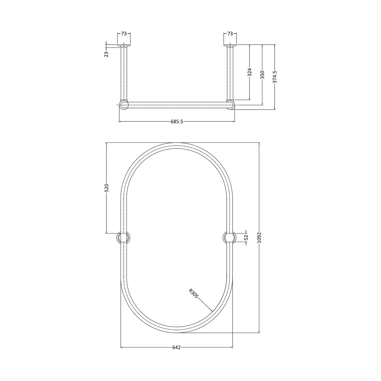 [BASR010] 1092mm Oval Shower Ring - Technical Drawing