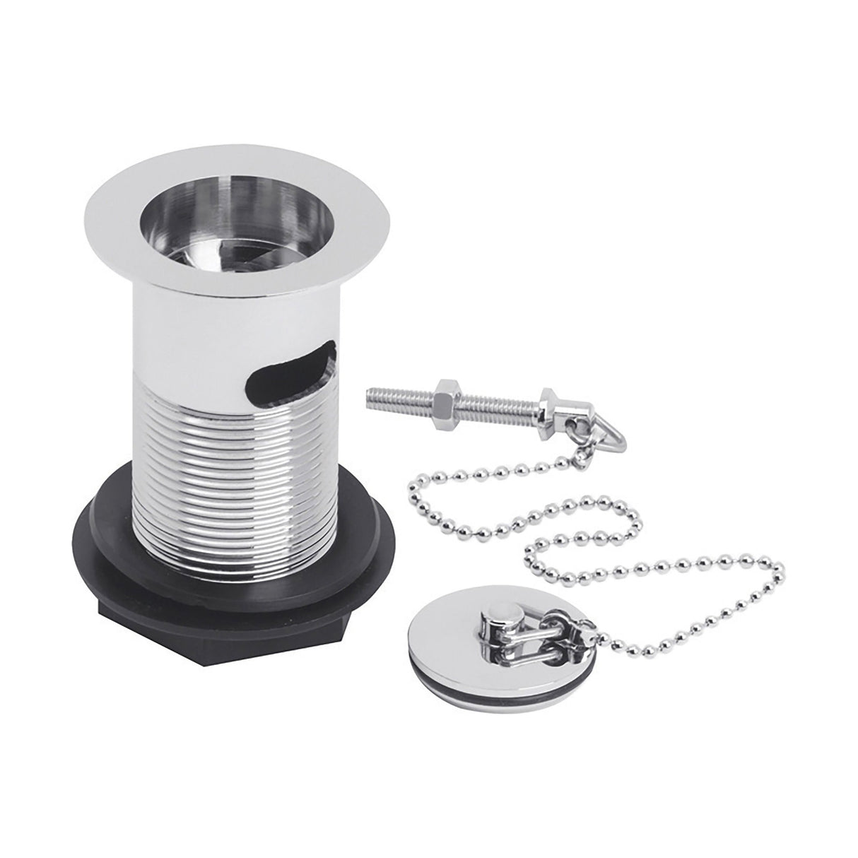 [BASW303] Balterley Basin Waste with Brass Plug & Ball Chain, Slotted Round Design, Quality Brass Build, 60mm x 88mm - Chrome - Cutout