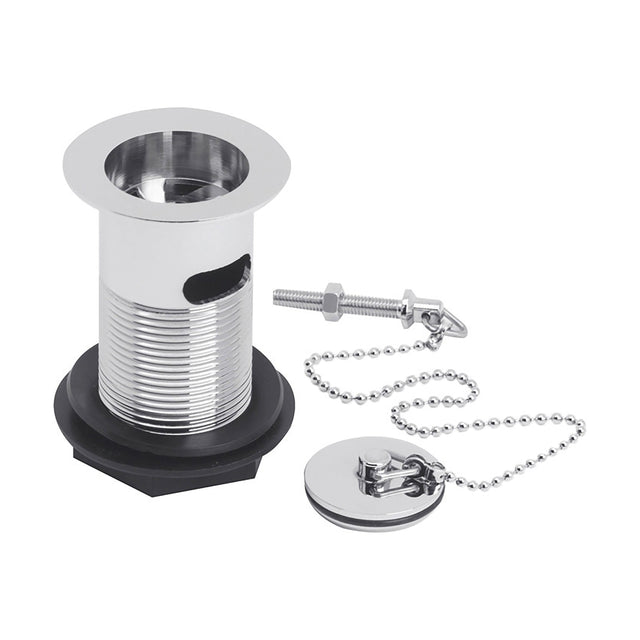 [BASW303] Balterley Basin Waste with Brass Plug & Ball Chain, Slotted Round Design, Quality Brass Build, 60mm x 88mm - Chrome - Cutout