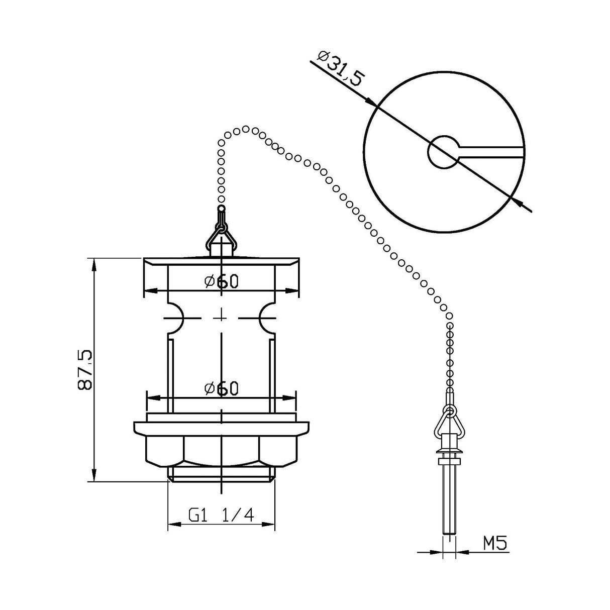 [BASW303] Balterley Basin Waste with Brass Plug & Ball Chain, Slotted Round Design, Quality Brass Build, 60mm x 88mm - Chrome - Technical Drawing