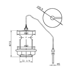 [BASW303] Balterley Basin Waste with Brass Plug & Ball Chain, Slotted Round Design, Quality Brass Build, 60mm x 88mm - Chrome - Technical Drawing