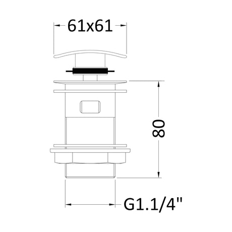 [BASW307] Square Slotted Push Button Basin Waste - Chrome - Technical Drawing