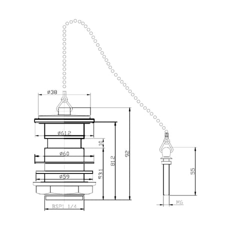 [BASW308] Balterley Basin Waste with Poly Plug & Chain, Slotted Round Design, Durable Build, 61mm x 81mm - Chrome/Black - Technical Drawing