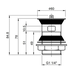 [BASW314] Balterley Basin Waste with Brass Plug & Chain, Slotted Round Design, Durable Build, 60mm x 88mm - Chrome - Technical Drawing